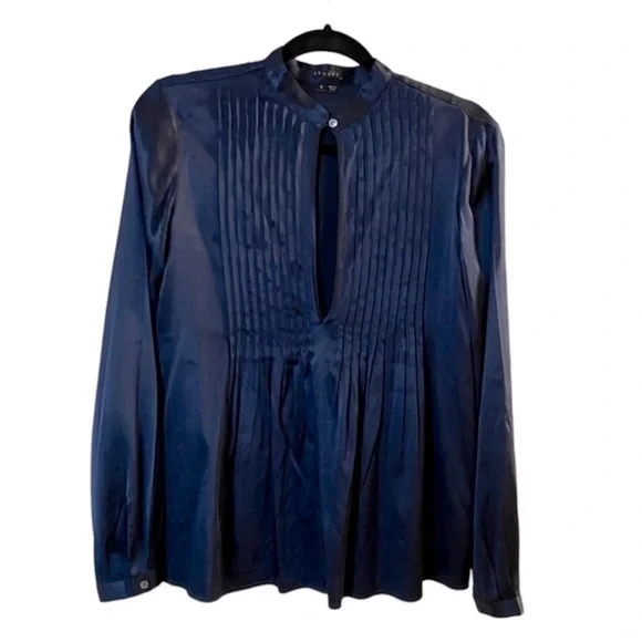 Theory Navy Blue Silk Pleated Front Long Sleeve Blouse - Picture 1 of 4